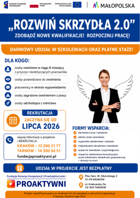 Projekt „Rozwiń SKRZYDŁA 2.0!”  - darmowy udział w szkoleniach oraz płatne staże!